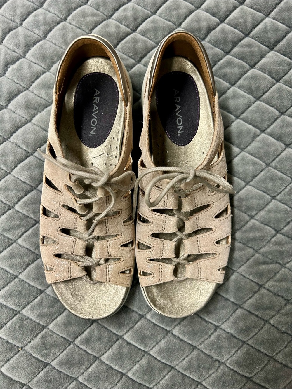 Aravon Beige Suede Leather Lace-Up Cutout Sandals